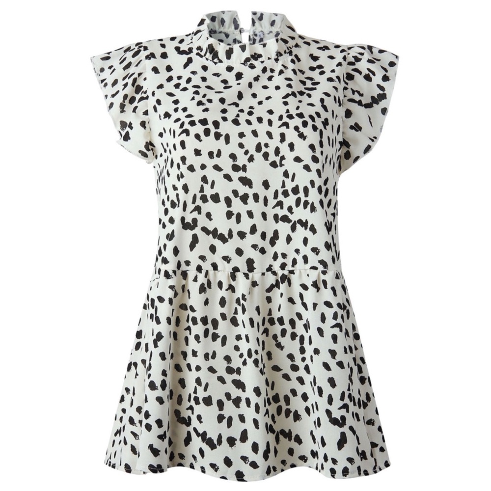 ENTRO • Ruffled Sleeve Button Closure Polka Dots Leopard Printed Pleated Shirt